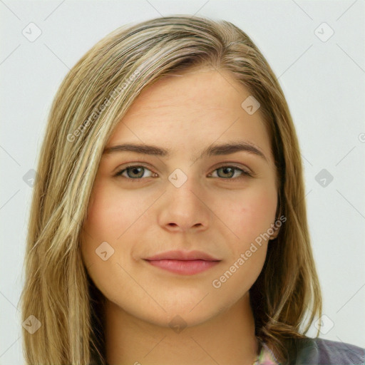 Neutral white young-adult female with long  brown hair and green eyes