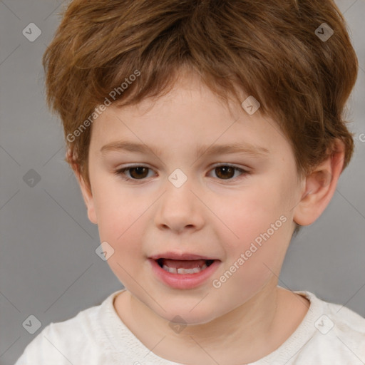 Joyful white child male with short  brown hair and brown eyes