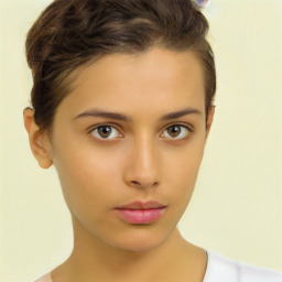 Neutral white young-adult female with short  brown hair and brown eyes