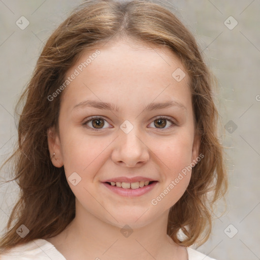 Joyful white child female with medium  brown hair and brown eyes