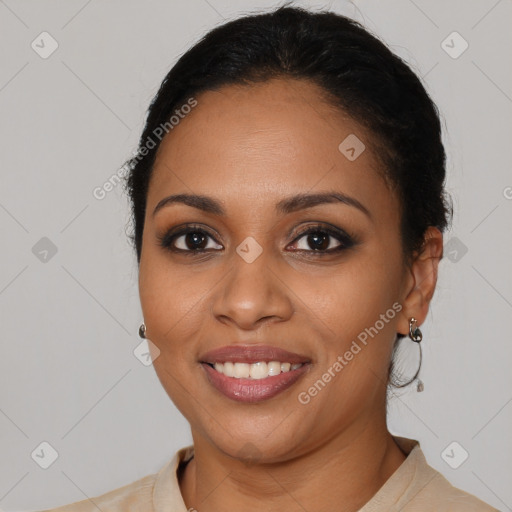 Joyful latino young-adult female with medium  brown hair and brown eyes