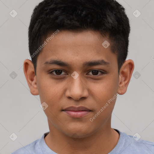Joyful latino young-adult male with short  brown hair and brown eyes