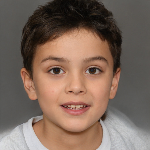 Joyful white child female with short  brown hair and brown eyes