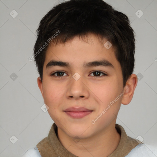 Joyful white child male with short  brown hair and brown eyes