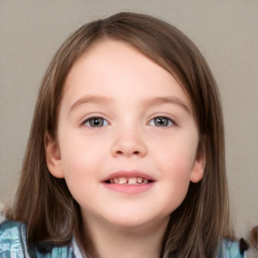 Neutral white child female with medium  brown hair and grey eyes