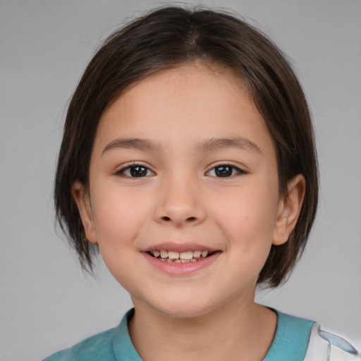 Joyful white child female with medium  brown hair and brown eyes