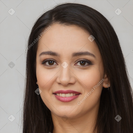 Joyful latino young-adult female with long  brown hair and brown eyes