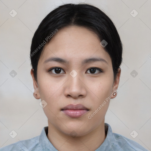 Neutral asian young-adult female with short  black hair and brown eyes