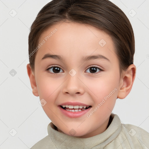 Joyful white child female with short  brown hair and brown eyes