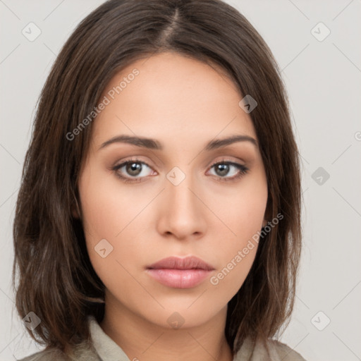 Neutral white young-adult female with medium  brown hair and brown eyes