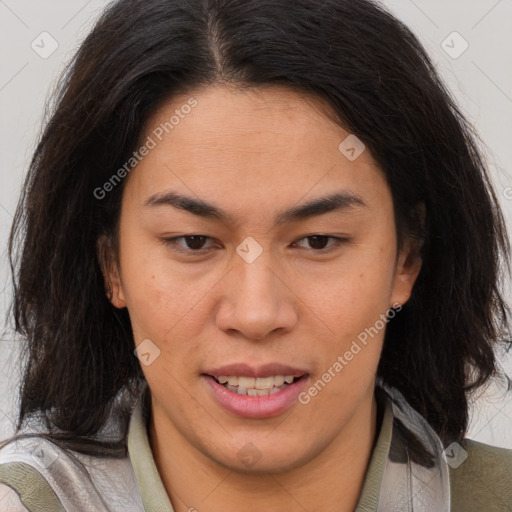 Joyful white adult female with medium  brown hair and brown eyes