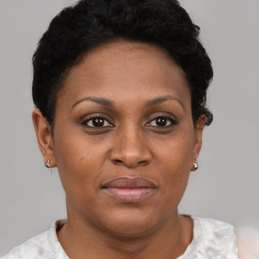 Joyful black adult female with short  brown hair and brown eyes