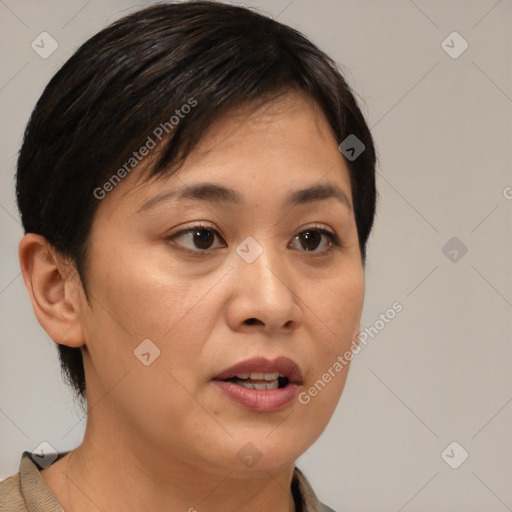 Joyful white young-adult female with medium  brown hair and brown eyes