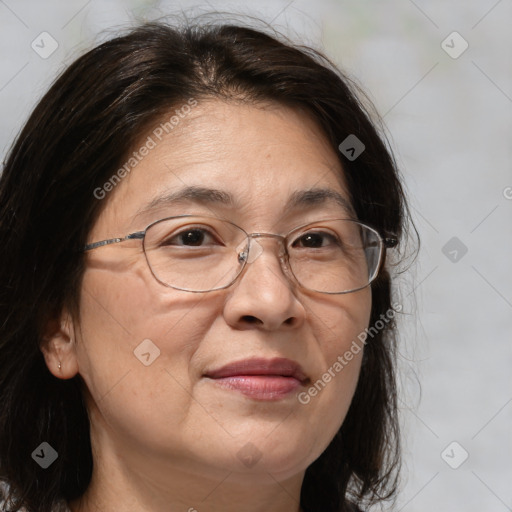 Joyful white adult female with medium  brown hair and brown eyes