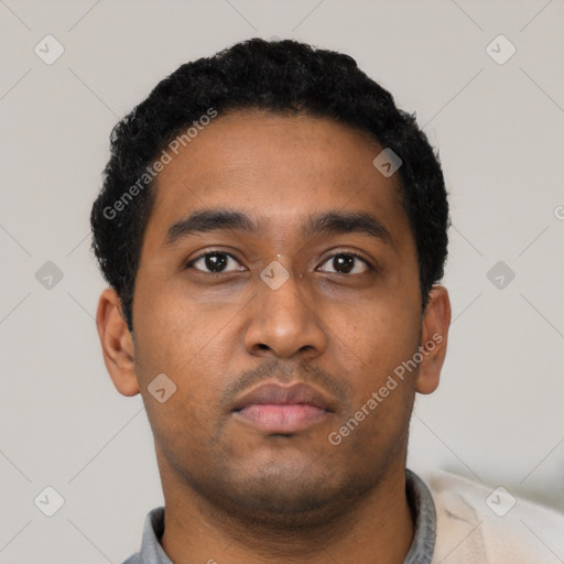 Neutral latino young-adult male with short  black hair and brown eyes