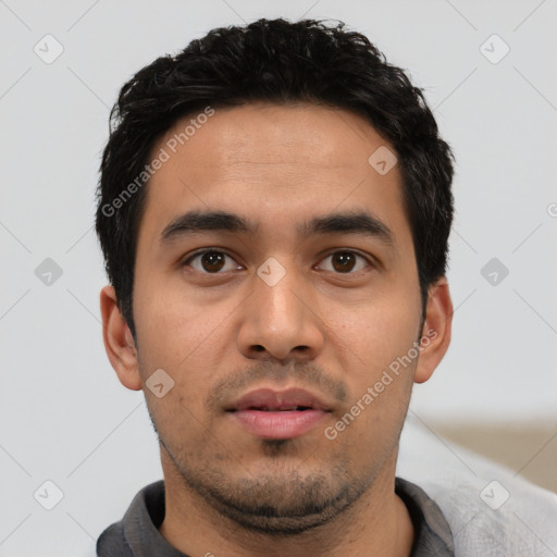 Neutral latino young-adult male with short  black hair and brown eyes