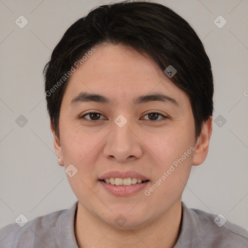 Joyful white young-adult female with short  brown hair and brown eyes