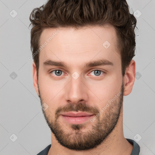 Neutral white young-adult male with short  brown hair and grey eyes