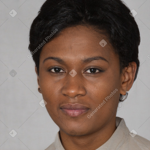 Joyful latino young-adult female with short  black hair and brown eyes