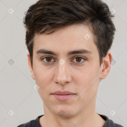 Neutral white young-adult male with short  brown hair and brown eyes