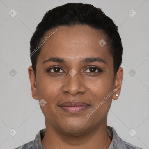 Joyful black young-adult female with short  black hair and brown eyes