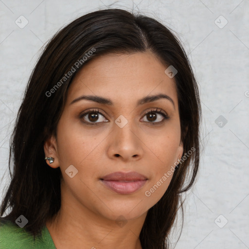 Joyful asian young-adult female with long  brown hair and brown eyes