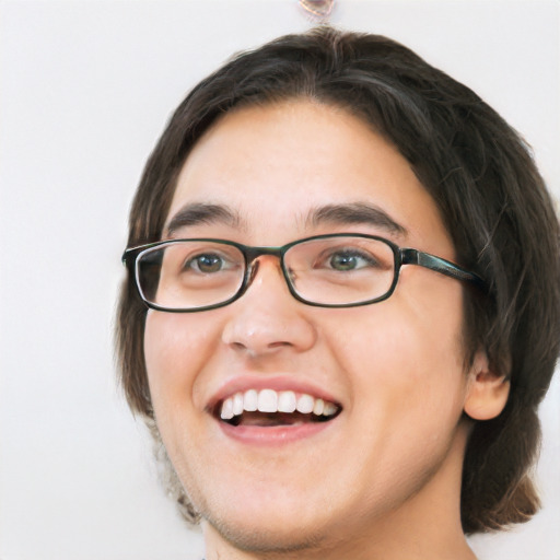 Joyful white young-adult male with medium  brown hair and brown eyes