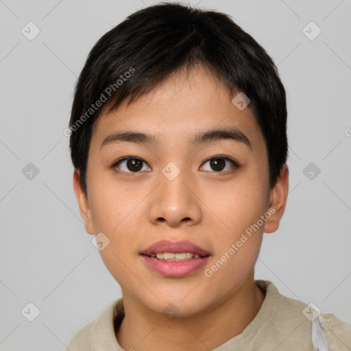 Joyful asian young-adult female with short  black hair and brown eyes