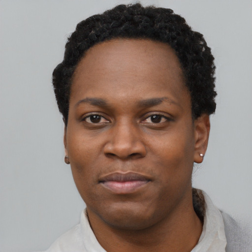 Neutral black young-adult female with short  black hair and brown eyes