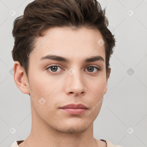 Neutral white young-adult male with short  brown hair and brown eyes