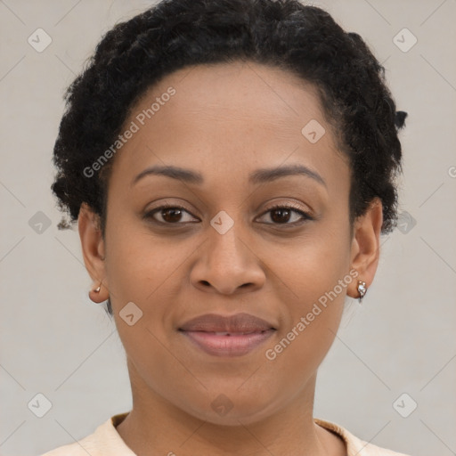 Joyful latino young-adult female with short  brown hair and brown eyes