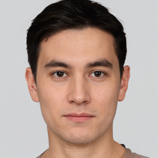 Neutral white young-adult male with short  black hair and brown eyes