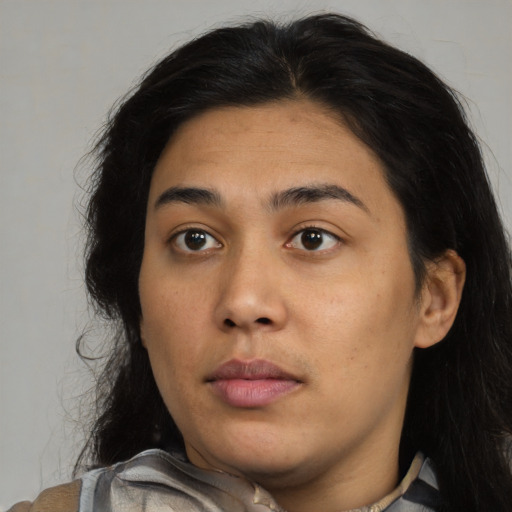 Neutral asian young-adult female with medium  brown hair and brown eyes
