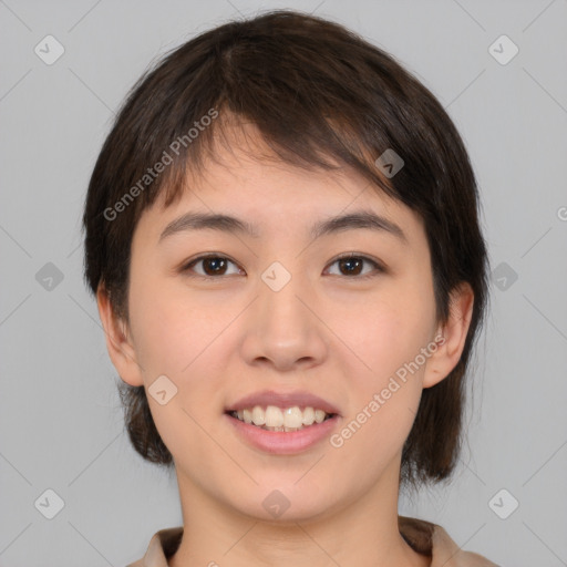 Joyful white young-adult female with medium  brown hair and brown eyes