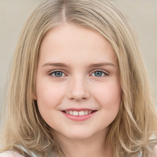 Joyful white young-adult female with long  brown hair and green eyes