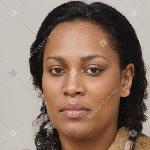 Neutral black young-adult female with medium  brown hair and brown eyes
