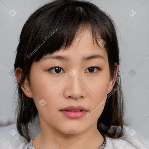 Neutral white young-adult female with medium  brown hair and brown eyes