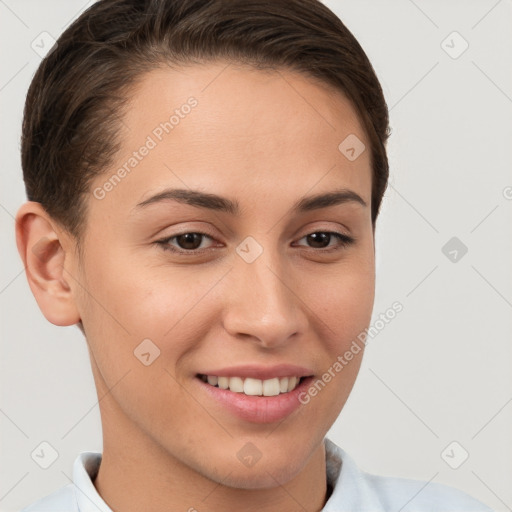 Joyful white young-adult female with short  brown hair and brown eyes