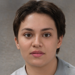 Neutral white young-adult female with short  brown hair and brown eyes