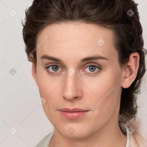 Neutral white young-adult female with medium  brown hair and grey eyes