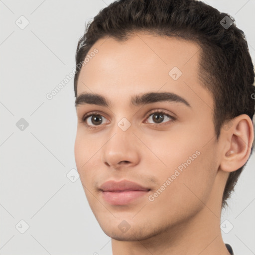 Neutral white young-adult male with short  brown hair and brown eyes