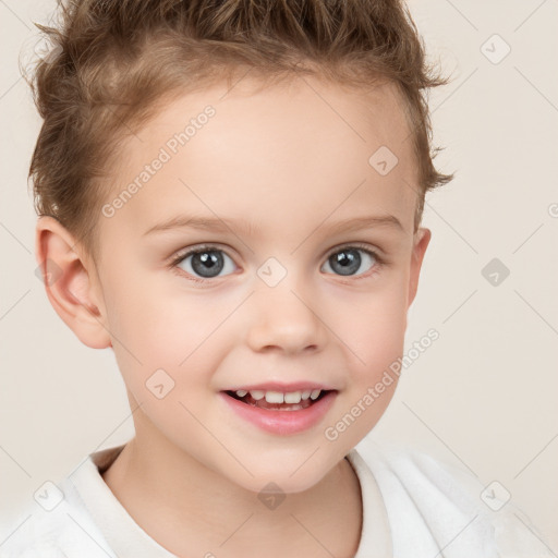 Joyful white child female with short  brown hair and brown eyes