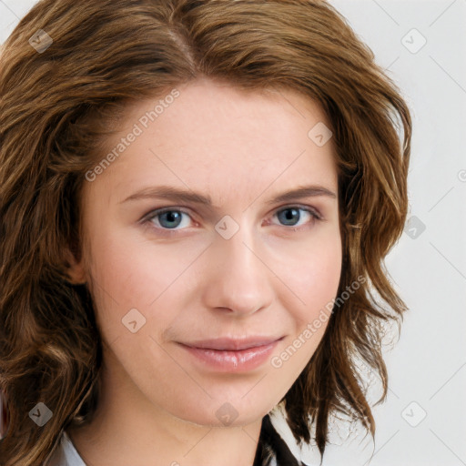 Joyful white young-adult female with long  brown hair and blue eyes