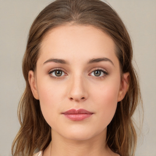 Neutral white young-adult female with medium  brown hair and brown eyes