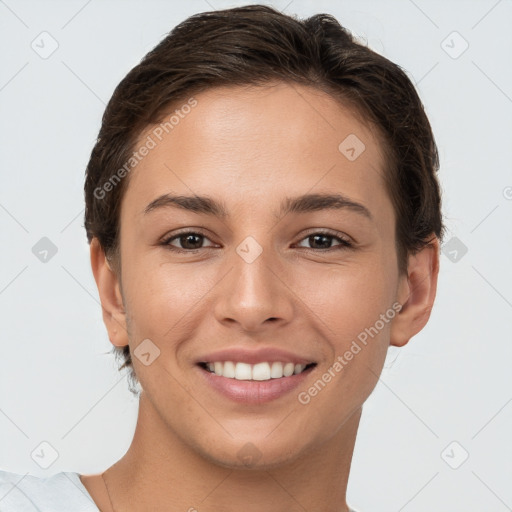 Joyful white young-adult female with short  brown hair and brown eyes