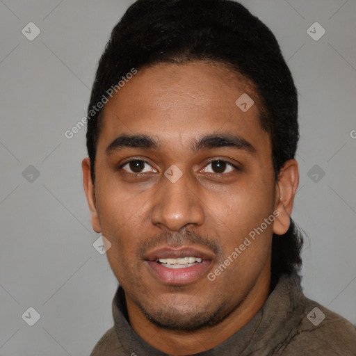 Neutral black young-adult male with short  black hair and brown eyes