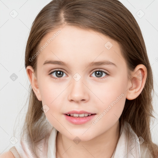 Joyful white child female with medium  brown hair and grey eyes