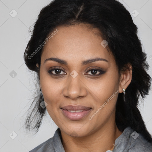 Joyful black young-adult female with medium  black hair and brown eyes