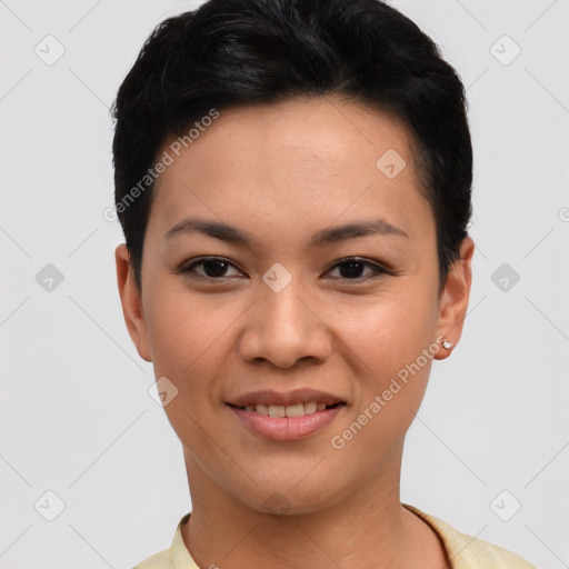 Joyful asian young-adult female with short  black hair and brown eyes