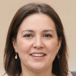 Joyful white adult female with medium  brown hair and grey eyes